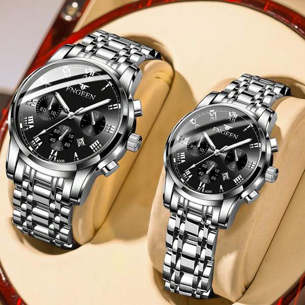 FNGEEN 2pcs/Set Couple Watch With Gold Stainless Steel Strap Roman Scale Blue Dial Calendar Display 50m Waterproof Quartz Watch For Men And Women Precise Timekeeping Japan Imported Quartz Automatic Movement - High-Quality Built-In Long-Life Japan Battery With Small Dial Decoration Valentine's Day Gift Wedding Souvenir