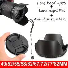Couvercle de protection de l'objectif de l'appareil photo avec dragonne, pare-soleil, compatible avec Nikon/Pentax/Olympus/DSLR, tailles : 49 mm/52 mm/55 mm/58 mm/62 mm/67 mm/72 mm/77 mm/82 mm