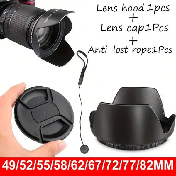 Camera Lens Cap Protection Cover With Strap, Lens Hood, Compatible With Nikon/Pentax/Olympus/DSLR Camera, Sizes: 49mm/52mm/55mm/58mm/62mm/67mm/72mm/77mm/82mm