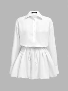 Floreya 简约纯色优雅休闲高品质 Polo 领衬衫裙，韩版风格，收腰设计，长袖，半身裙，适合春夏穿着 白色 - 白色 - 查看 8