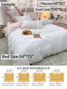 3pcs White & Light Pink Floral Lace Dorm Bedding Set, 2 Pillowcases 1 Duvet Cover, Machine Washable, No Filling - White - View 3