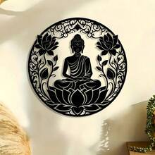 1pc Intricate Zen Buddhist Statue & Floral Design Creative Metal Black Decorative Wall Hanging, Suitable For Living Room, Entryway, Meditation Room, Home Decor, Yoga Enthusiasts Gift, Blessing Ornament - Black - View 3