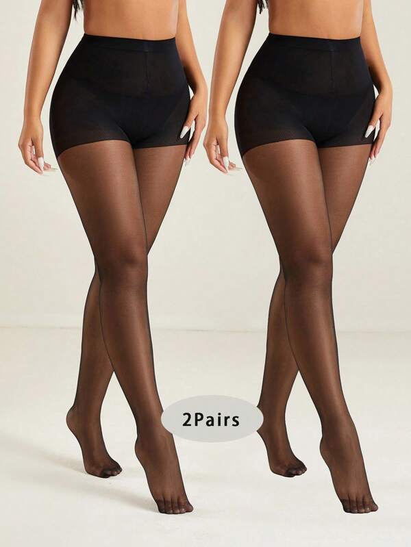 2pcs Women Sheer Stockings 20D Minimalist Solid Black Tights For Pantyhose