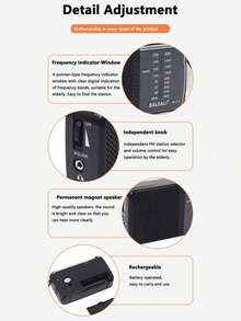 便携式 AM/FM 收音机，全波段收音机，老式全波段复古，全波段收音机，续航时间长，带麻绳 - 黑色 - 查看 3