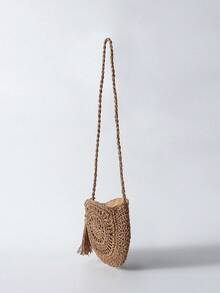 Tropiscape 极简流苏装饰草编包，镂空设计斜挎包，女士编织圆形沙滩包，藤编包，适合秋季、圣诞节、冬季等各种场合，是圣诞节的理想礼物。 - 卡其色 - 查看 9