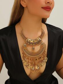 Retro Coins Multilayer Tassel Necklace For Women, Casual Party Jewelry, Choker Necklace, Sweater Necklace