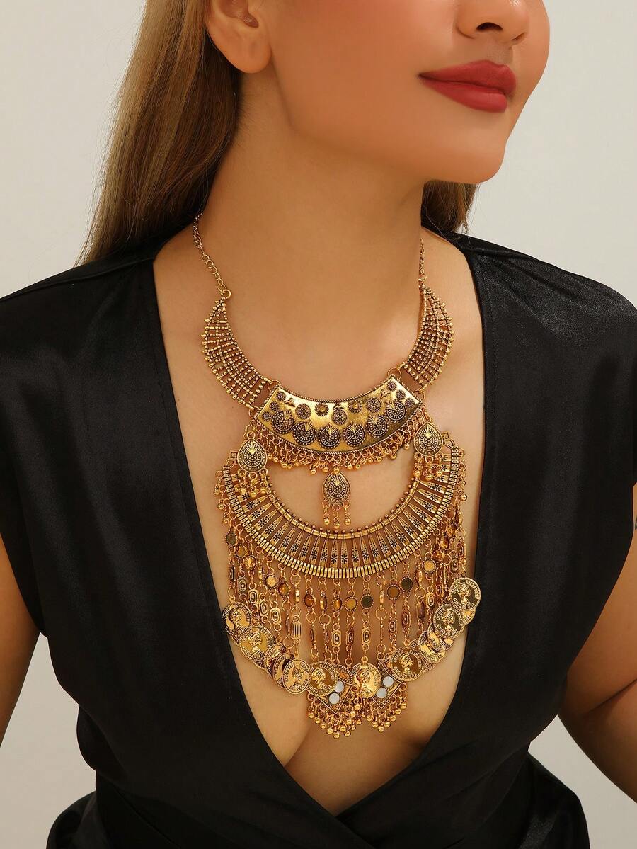Retro Coins Multilayer Tassel Necklace For Women, Casual Party Jewelry, Choker Necklace, Sweater Necklace