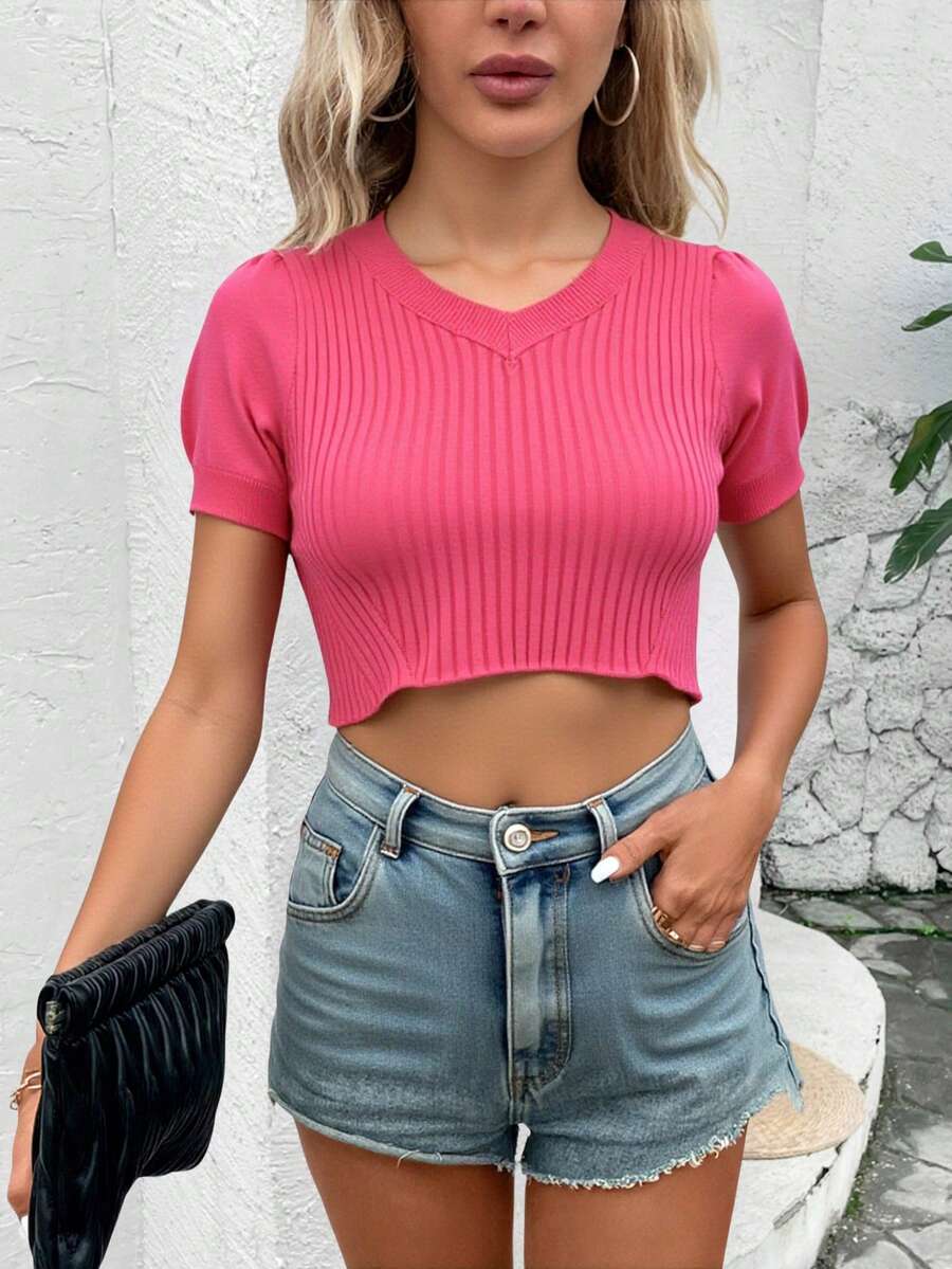 Blusa corta dama mujer tejido stretch acanalado escote V manga corta frunce hombro bajo ajustado calor primavera verano día fiesta evento cumpleaños comida jardín vacaciones diario calle formal sexy cómodo - Rosa Fucsia - Ver 1