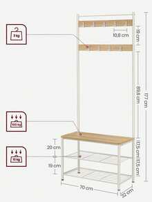 Coat Rack, Coat Stand With Shoe Storage Bench, Hall Tiree With Shoe Rack, 3-In-1 Design, Steel Frame, For Hallway, Entrance, 32 X 70 X 177 Cm, Modern, Oak And Cream - 薑色 - 查看 6