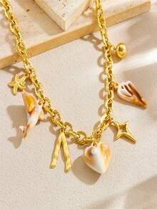 1 Stück kreativ und personalisiertes Meereslebens-Accessoire, inklusive Muscheln, Jakobsmuscheln, Seesterne, Krabben, Schildkröten, herzförmiger Mondanhänger, Kette, Edelstahl-Halskette