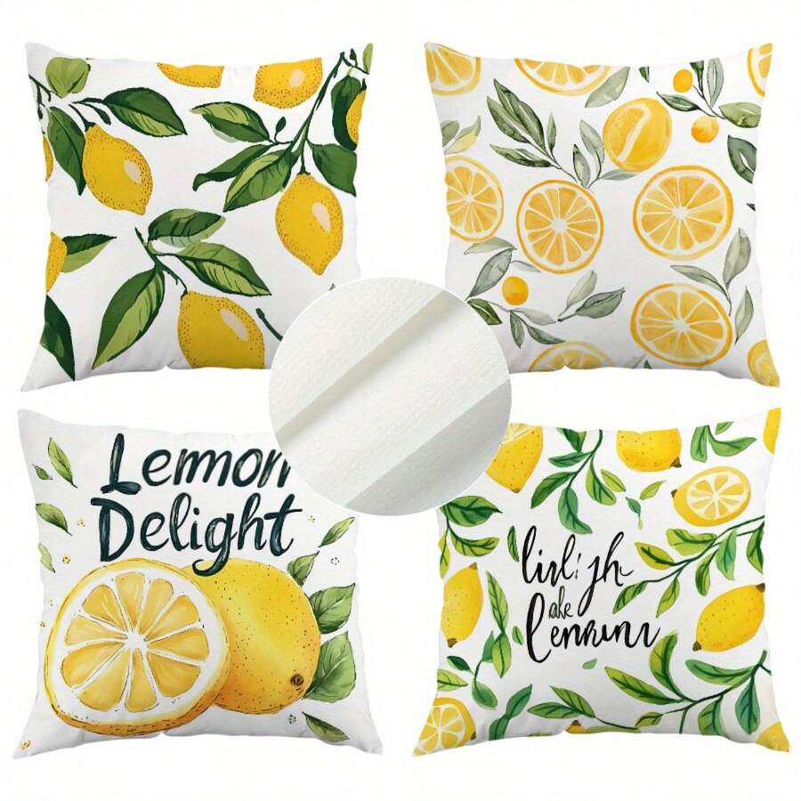 4 件套户外斜纹枕套舒适柠檬印花抱枕套 - 柔软舒适的床上用品，清新柑橘设计，适合家居装饰拉链闭合庭院沙发装饰 - 黃色 - 查看 1