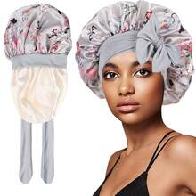 女士可调节双层丝滑印花缎面睡帽，带抽绳 - 舒适睡眠帽，保护头发，夜间护理