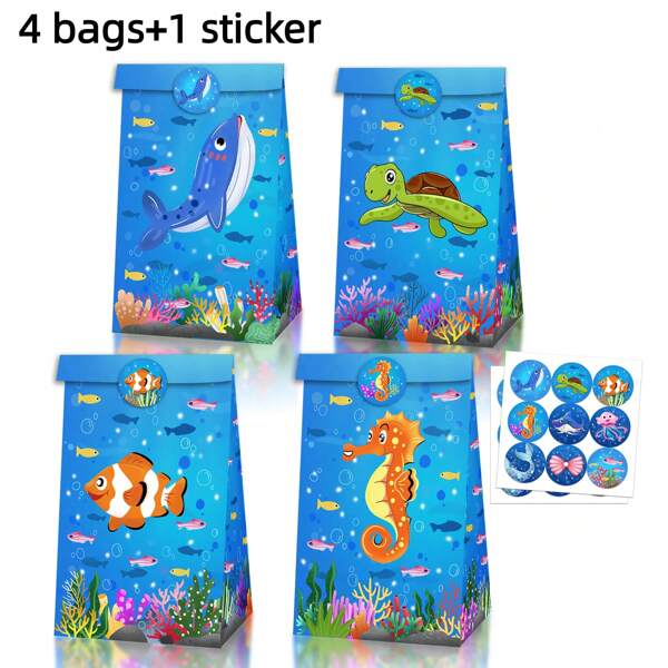 Ocean Themed Party Gift Bag Set, Including 4pcs Paper Bags With Sea Creature Patterns + 1pc Round Underwater Life Stickers (With Marine Elements), Suitable For Amusing Underwater Adventure Party, Ocean Birthday Gift Packaging Set