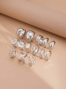 14pcs/Set Minimalist Punk Fashion Multi-Element Asymmetrical Wave Geometric Round Water Drop Rings, Vintage Metal Gold Color Thick Ring Set, Suitable For Women Daily Wear, Holiday Decoration, Party Outfit, Festival Gift