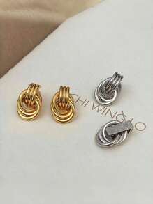 1pair Bridal Exaggerated Simple Stylish Asymmetrical Summer Hollow Hoop Out Several Circle Round Entwined Texture Mixed Multilayer Circle Twist Knot Gold Color Earrings Multi-Layered Wrap Stud Earrings For Women Wedding Party Banquet Gift Jewelry