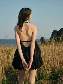 1 buc. Rochie scurtă de damă, casual, culoare solidă, țesătură boemă, cu volane, cu cravată, decupată, pentru purtare de zi cu zi, primăvară/vară - Negru - Vizualizare 2