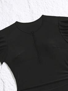 New One-Piece Swimsuit With Zipper For Women, Modest & Flattering Ruffled Conservative Swimwear - Black - View 4