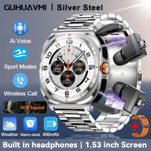 GUHUAVMI 2025 New TWS Earphones Smartwatch 2-In-1, 1.53'' HD Screen, HiFi Sound Effects, Built In Earbud, Wireless Call, NFC Smart Watch, Fitness Tracker With Pedometer, Heart Rate Sleep Monitor Smartwatch, Sports Music Watch, Compatible With IOS And Android, Compatible With Galaxy Watch 7 Ultra
