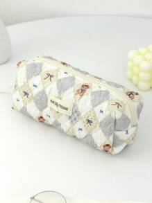 1 pezzo Borsa trucco casual carina a quadri beige, grande capacità, con cerniera, portatile, per il viaggio, per la conservazione di articoli di cancelleria, elementi essenziali per le vacanze, cosmetici, chiavi, cuscinetti, auricolari, telefoni cellulari, caricabatterie, rossetti, cosmetici, profumi, prodotti per la cura della pelle e della bellezza, per la conservazione in bagno a casa, adatta per mamme, donne, infermiere, studenti, ragazze, regali per le vacanze e il ritorno a scuola