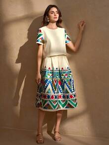 Elegant Charming Cute Jacquard Fabric Two Pieces Set, Ethnical Style Lightweight Luxury Sleeveless Top And Pleated Skirt - Multicolor - View 7