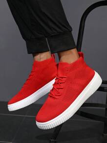 Men's High-Top Casual Sneakers, Breathable Knit Upper, Streetwear Style, Suitable For All Seasons