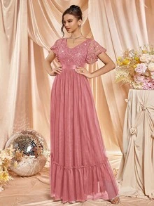 MIUSOL 优雅深 V 领亮片蕾丝网眼荷叶边袖晚会长裙，适合婚礼宾客、毕业典礼、返校节 - 藕粉色 - 查看 3