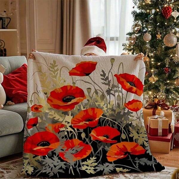 Pătură moale din flanel cu motive florale roșii - Confortabilă, pentru toate anotimpurile, pentru casă, birou și călătorii - Cadoul perfect pentru familie și prieteni - Design de sărbătoare cu flori și frunze vibrante, textură netedă