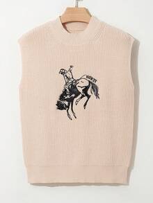 Acelitt Oatmeal "HOWDY" Cowboy Rodeo Pattern Turtleneck Short Sleeve Sweater - Khaki - View 5