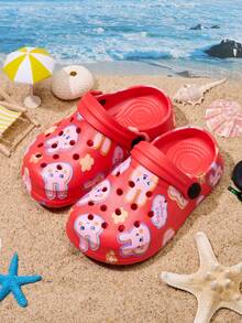 1 par de zuecos de playa cómodos y de moda con estampado de conejo para niñas, primavera/verano - Rojo - Ver 4