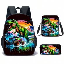 3pcs Dinosaur-Black/Green/Colours Themed Backpack Set With Lunch Box & Pencil Case&Storage Bag - Polyester, Lightweight, Fashionable Mixed Colors