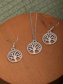 3 Pieces Vintage Women Jewelry Set, Includes Silver-Tone Hollow Tree Of Life Pendant Necklace And Earrings - Tree Of Life - View 1