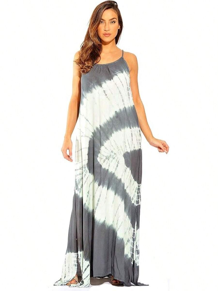 Tie Dye Spaghetti Strap Maxi Dress - Grey - View 1