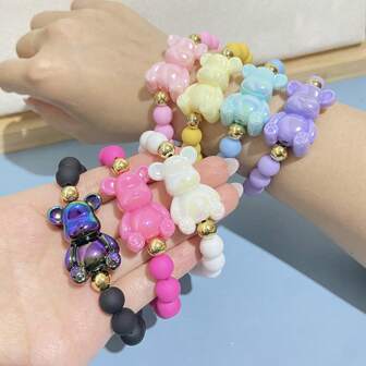1pc Cartoon Style Ladies Bracelet, Made Of Colorful Acrylic Beads And Decorated With Little Bears, Perfect For Festive Parties.