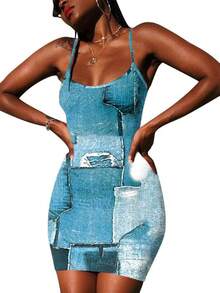 Nimsruc Women Bodycon Dress Summer Short Backless Spaghetti Strap Dresses - 6667 Denim Print - View 3