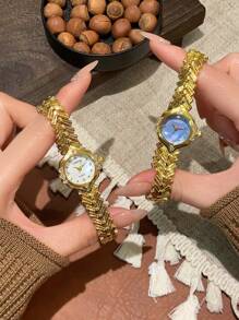 1 pieza Reloj de moda de estilo clásico francés de lujo, con carcasa de concha azul, diseño simple y elegante, adecuado para uso diario y como regalo de cumpleaños