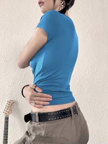 女士时尚 Y2K 英文字母印花针织面料 T 恤，适合春夏街头休闲装 - 藍色 - 查看 2