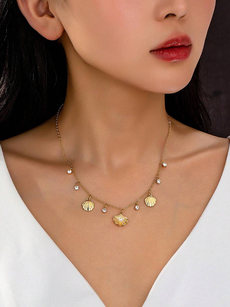 1pc Fashionable Minimalist Summer Ocean Elements Pearl Shell Pendant Necklace