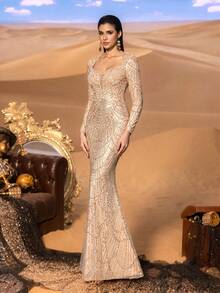 Faeriesty Haute Glamour Elegant Glamorous Beaded Mermaid Gown With Sweetheart Neckline & Pearls Detail – Long-Sleeved Sheer Fabric Design For Luxury Gala Events & Red Carpet Glamour