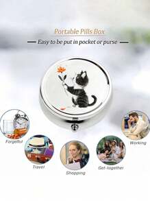 3 Compartment Portable Rotundity Storage Room, There Is A Pattern Of A Kitten Holding Flowers Printed On It, Cute Mini Metal Storage Box, Portable Jewelry And Pill Box,Suitable For Travel, Outdoor Activities, Bags, Pockets, Used For Wedding Gifts, Gifts And Reception Decoration, Uniquely Designed Decorative Travel Storage Box, Perfect For Travel, Compact Design, Easy To Use, Suitable For Medication Management/All Age Groups