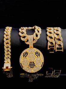 Luxury Alloy Men's Quartz Watch, With Rhinestone Rhinestone Crystal And Date, Paired With A Hip-Hop Pair It With A Football Pendant Full Of Rhinestones Cuban Necklace And Bracelet Set - Necklace Set - View 21