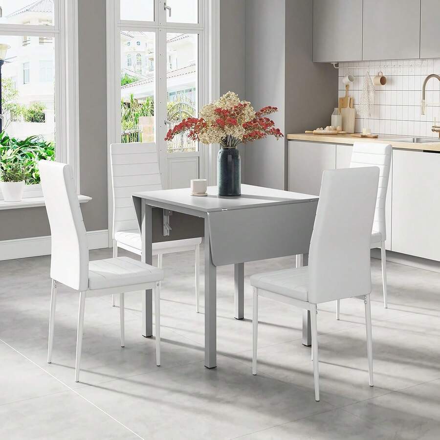 Dining Table And Chairs Set Of 4, Drop Leaf Folding Grey Kitchen Table With White PU Leather High Back Chair For Dining Room, Kitchen