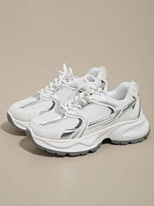 Women's Spring/Autumn New Casual Chunky Sneakers, Mesh Breathable Thick Sole Wedge Heel Leisure Shoes, Lightweight Versatile Fashion Lace-Up White/Gray Casual Sneakers, Suitable For All Seasons