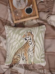 2pcs Animal Leopard & Tiger Style Forest Pattern Decorative Throw Pillow Covers, Alphabet Print Square Pillow Cases Without Filling, Cute Cushion Covers, For Sofa, Living Room