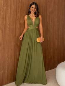 Vestido De Lujo Para Madrina De Graduaciones Sin Brillo En Color Oliva, Marsala, Rosa, Fucsia, Menta O Terracota - Verde Oliva - Ver 2