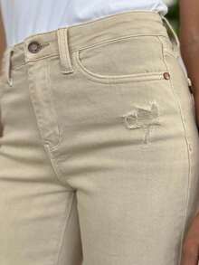 Women's Casual Jeans High-Waisted Distressed Wide Leg Denim Pants Beige With Ripped Details Full Length Button And Zipper Closure Casual Fit For Everyday Wear - 骨 - 查看 4