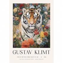 Peinture sur canevas de style poster rétro avec des motifs de fleurs nordiques, d'animaux comme le paon, le lama, le tigre royal du Bengale et le lion, selon le style de Gustav Klimt. Décoration murale pour la maison, cadeau avec option de cadre