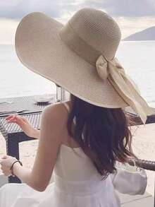 女士可折叠宽边帽，夏季防晒沙滩旅行草帽 - 米色 - 查看 3