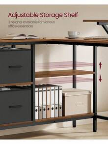 L-Shaped Desk With 2 Spacious Drawers, Gaming Desk With Monitor Stand, Corner Desk, Computer Desk With Adjustable Storage Shelf, For Home Office, Rustic Brown - 鏽棕色 - 查看 3