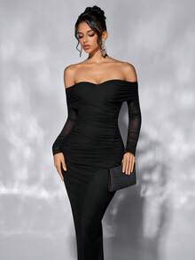 Women's Elegant Ruched Off Shoulder Bodycon Long Dress With Side Slit, Stretch Net Fabric, Suitable For Party, Cocktail, And Everyday Wear Wedding Black - Black - View 1