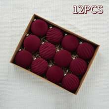 12pcs 8cm Flocked Christmas Balls, Burgundy/Dark Green Flocked Christmas Tree Hanging Ornaments For Christmas Holiday Decoration - Multicolor - View 6